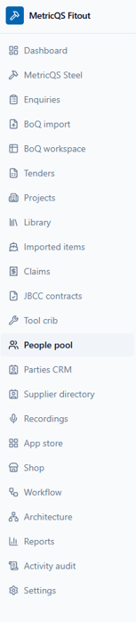 MetricQS fitout software navigation — full module menu including Dashboard, BOQ workspace, Tenders, Projects and JBCC contracts