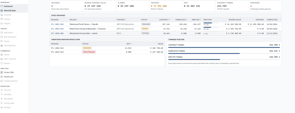MetricQS construction contract management dashboard — JBCC and NEC contract tracking interface