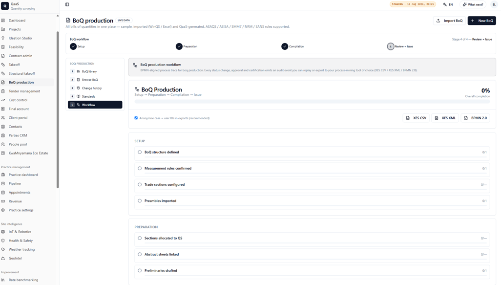 QaaS BoQ workspace — bill of quantities production workflow management interface