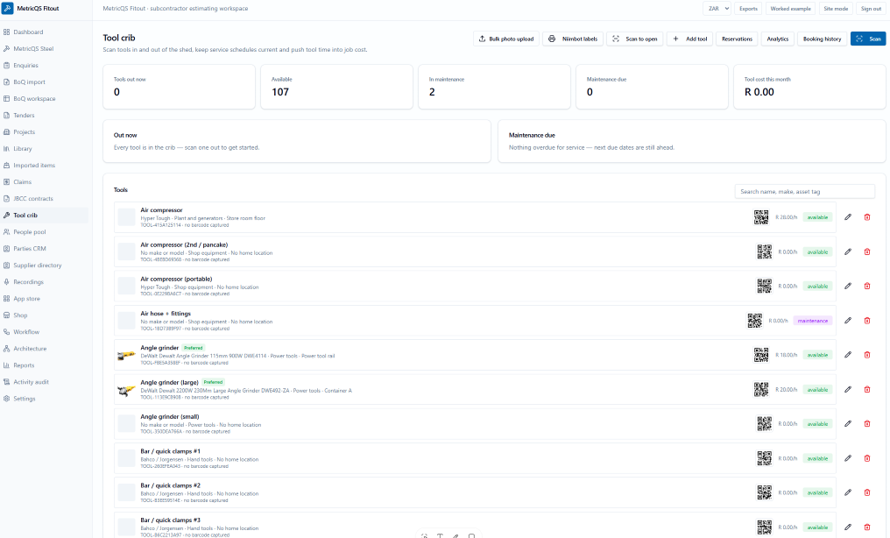 MetricQS fitout dashboard — maintenance scheduling and workflow management interface