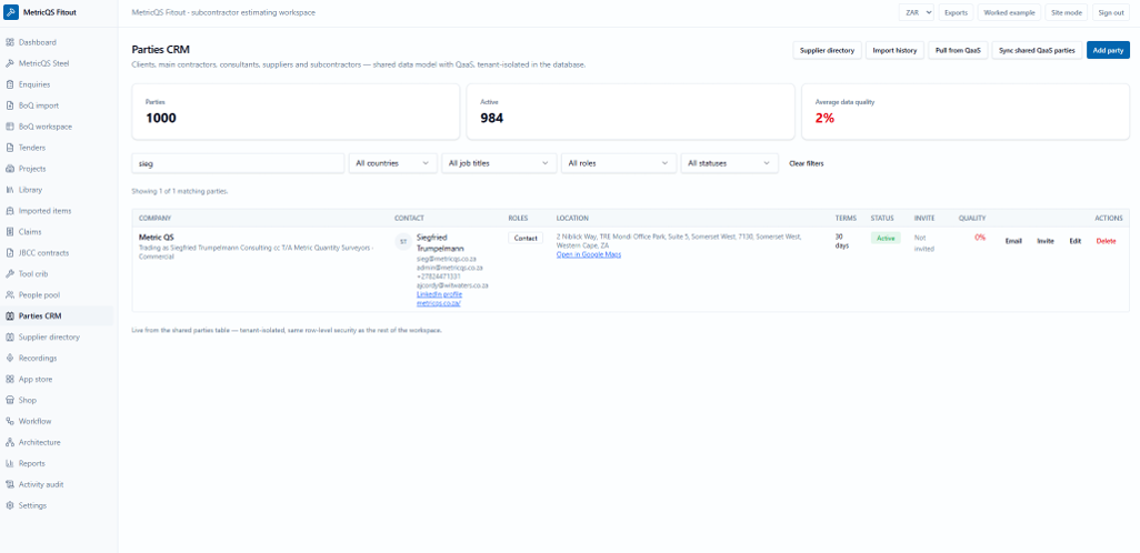 MetricQS Parties CRM — client, supplier and subcontractor database interface