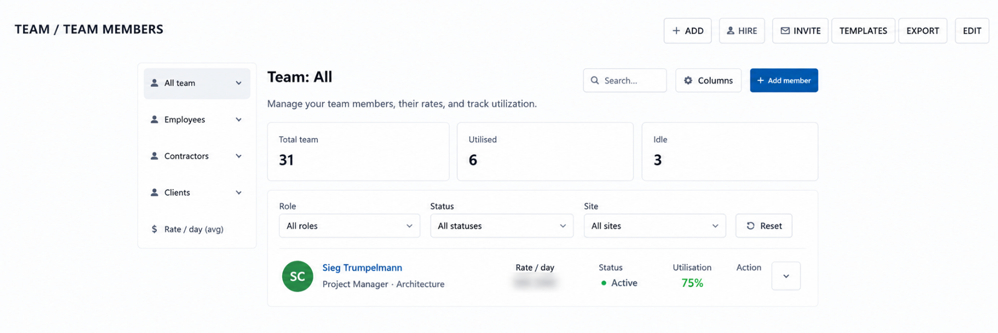 MetricQS People Pool — team management dashboard with member utilisation and capacity tracking